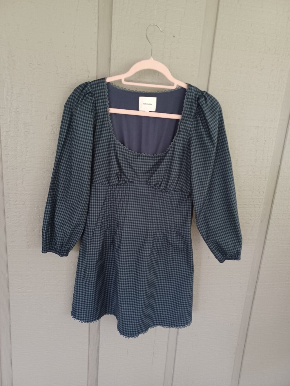 Reformation Miara Mini Dress Size S Cotton Blend Square Neck In Dark Slate Check